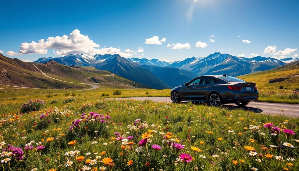 A breathtaking view from a scenic stop along Trail Ridge Road, showcasing stunning mountainous landscapes. In the foreground, a vibrant wildflower meadow bursts with colors under bright blue skies. The middle ground features an elegantly winding road, with a sleek luxury car parked thoughtfully near a viewpoint, inviting travelers to soak in the scenery. Hints of snow-capped peaks rise sharply in the background, catching the warm glow of the late afternoon sun. Soft clouds drift lazily above, creating a serene atmosphere. The image is captured with a wide-angle lens to emphasize the grandeur of the mountains while maintaining a sense of intimacy with the flowers in front. The overall mood is peaceful and inspiring, perfect for adventurers seeking hidden gems along this luxurious drive.