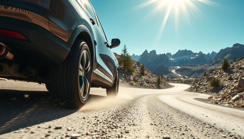 A high-altitude Colorado road scene featuring a luxurious SUV navigating a winding mountain road, surrounded by stunning rocky summits and blue skies. In the foreground, focus on the vehicle's tires and brakes, showcasing their performance features, with dust and gravel kicked up as it maneuvers. The middle ground highlights the dynamic mountain backdrop with patches of green pine trees interspersed among rocky terrain. The lighting should be bright and crisp, capturing the essence of a clear day, emphasizing the altitude's thin atmosphere. A slight lens flare from the sun adds energy to the image. The mood is adventurous yet serene, inviting the viewer to explore the thrilling experience of high-altitude driving in Colorado.