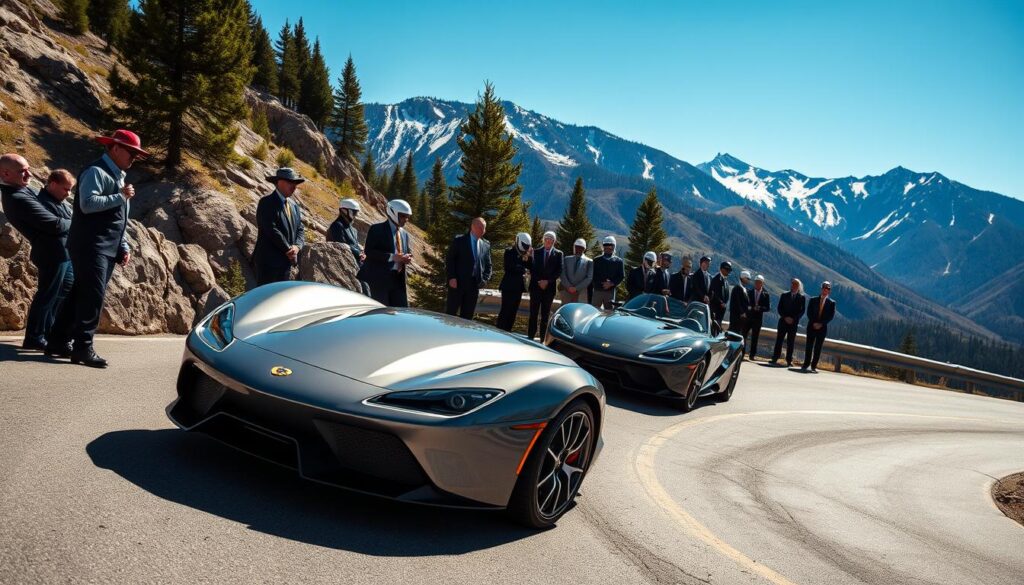A high-performance driving event in the stunning Colorado mountains, showcasing a group of professional drivers engaged in advanced driving techniques. In the foreground, a sleek sports car, gleaming under bright daylight, is expertly maneuvering around a winding mountain road, its tires gripping the asphalt. In the middle, a diverse group of drivers in professional business attire—suits and helmets—are focused on their training, adjusting settings and discussing strategies. In the background, majestic mountains rise sharply against a clear blue sky, with pine trees dotting the landscape, reflecting the exhilarating atmosphere of high-stakes driving. The lighting is bright and vibrant, enhancing the colors of the vehicles and the natural beauty of the surroundings, capturing the intensity and excitement of the event from a dynamic, slightly elevated angle.