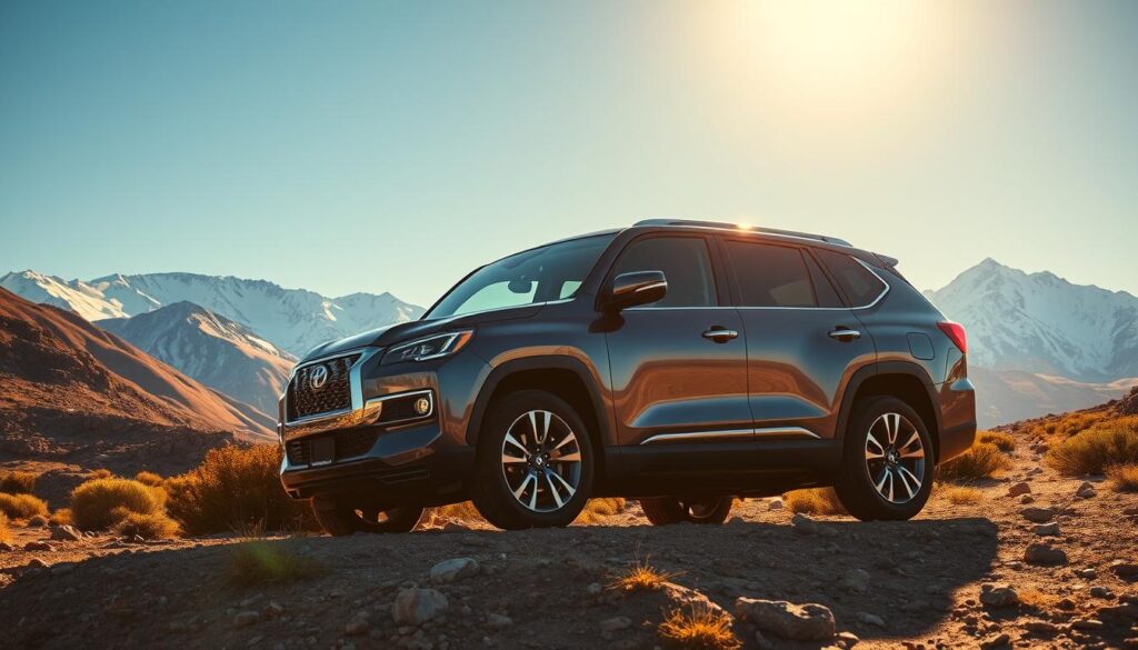 A luxurious SUV parked on a rugged Colorado terrain, showcasing its sleek design and powerful stance. In the foreground, the SUV gleams under the warm, golden light of a late afternoon sun, highlighting its polished finish and sophisticated lines. The middle ground features rocky slopes and patches of vibrant green shrubbery, emphasizing the vehicle’s capability to navigate diverse landscapes. In the background, majestic snow-capped mountains rise under a clear blue sky, adding a sense of adventure and grandeur. The composition is shot at a low angle, giving the impression of strength and dominance in the landscape. The overall mood is aspirational and adventurous, reflecting the allure of scenic drives through Colorado’s striking terrain.
