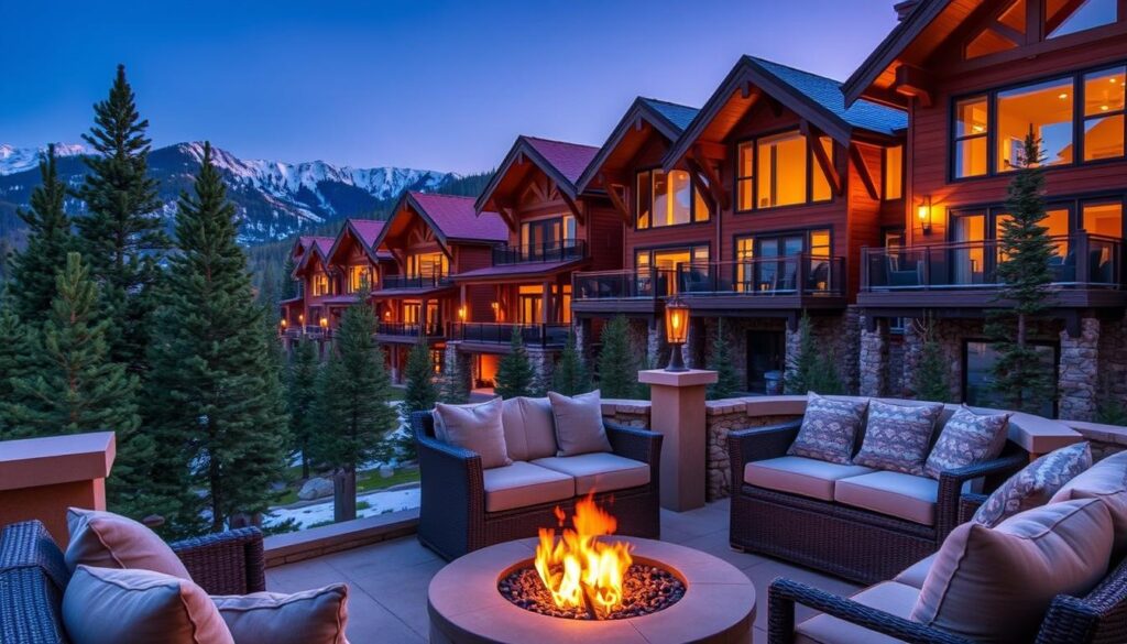 A luxurious boutique mountain resort nestled in the Colorado Rockies, featuring modern wooden chalets surrounded by lush pine trees and snow-capped peaks in the distance. In the foreground, a cozy outdoor seating area with plush cushions and a crackling fire pit invites relaxation. The middle ground showcases stylish private villas with large glass windows reflecting the stunning mountain scenery. Soft, warm lighting from sconces highlights the architectural beauty of the buildings at twilight, creating a romantic atmosphere. A clear blue sky transitions into warm sunset hues, adding to the serene and intimate ambiance. Capture this luxurious escape from a slightly elevated angle to emphasize both the resort's elegance and its breathtaking natural surroundings. No people are included in the image.