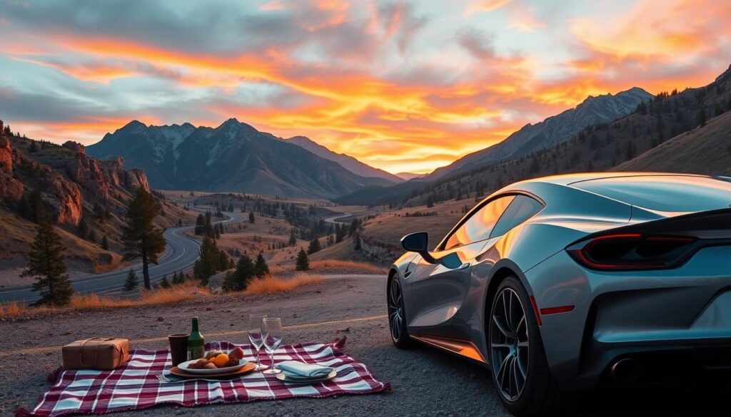 A luxurious evening drive through a sprawling Colorado mountain pass at sunset. In the foreground, a sleek, high-end sports car parked beside a picnic setup featuring a beautifully arranged blanket, fine dining crockery, and elegant wine glasses. The middle ground shows winding mountain roads flanked by dramatic cliffs and evergreen trees, bathed in golden hour sunlight. The background reveals majestic mountains under a vibrant sky painted with hues of orange, pink, and purple, reflecting the tranquility of the moment. The scene is captured from a low angle, emphasizing the car and picnic while capturing the expansive mountain landscape. The mood is serene, inviting, and exclusive, embodying the essence of premium driving experiences in nature's grandeur.