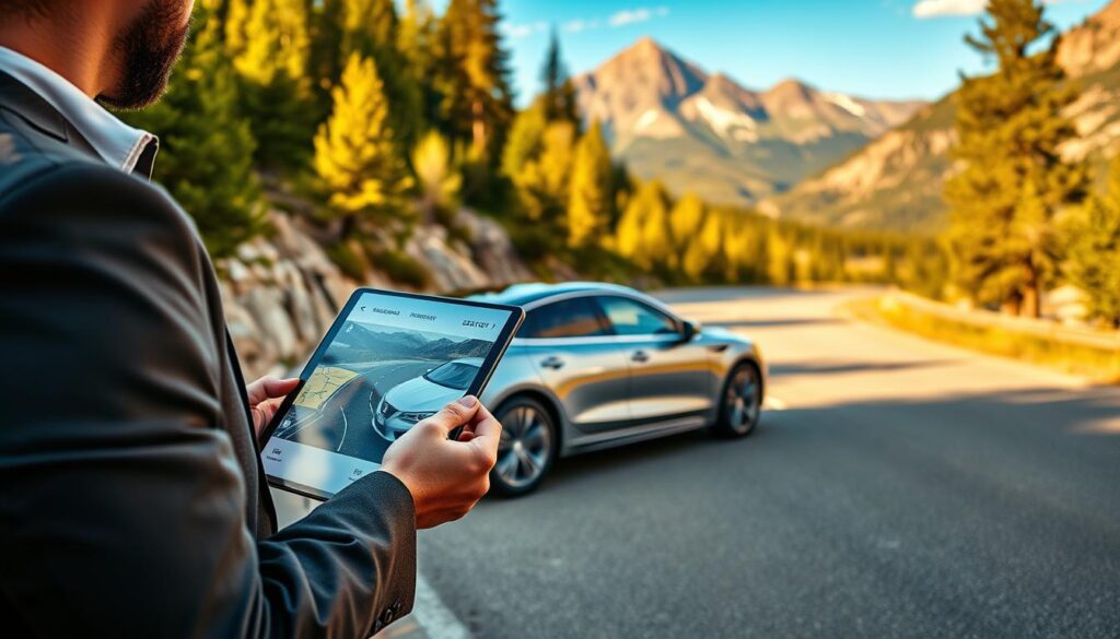 A luxurious mountain road in Colorado, winding elegantly through lush green forests and rocky peaks, showcasing a pristine, high-end vehicle parked at the side. In the foreground, a well-dressed concierge with a professional demeanor is holding a high-tech tablet, offering customized travel maps and itineraries. The middle ground features the stunning car, reflecting sunlight, with picturesque mountain vistas behind it. In the background, a panoramic view of the Colorado Rockies under a clear blue sky is visible, bathed in golden hour light, creating a warm, inviting atmosphere. The scene embodies a sense of adventure and exclusivity, perfectly framing a premium driving experience in nature's beauty. No text, watermarks, or signatures in the image.