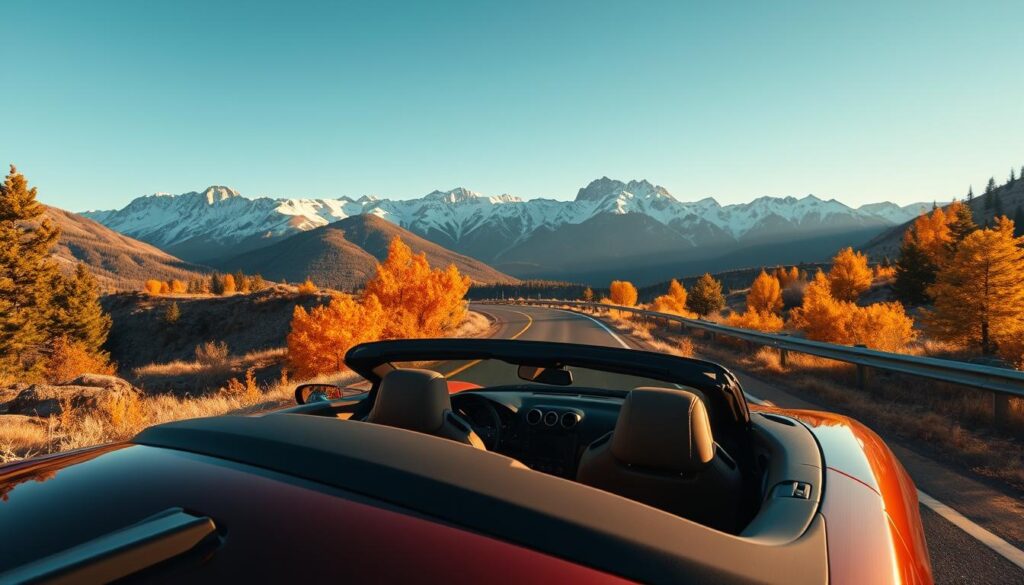 A luxurious road trip scene in Colorado featuring a sleek, high-end convertible parked along a scenic byway. In the foreground, a polished car gleams in the sunlight, with its top down, revealing plush leather seats. The middle ground showcases vibrant autumn foliage in shades of orange, red, and gold, framing the winding road. In the background, majestic Rocky Mountains rise, their peaks dusted with snow against a clear blue sky. The lighting is warm and inviting, capturing the golden hour glow. The overall mood is serene and inspiring, emphasizing adventure and tranquility, making it perfect for luxury drivers exploring Colorado's natural beauty.