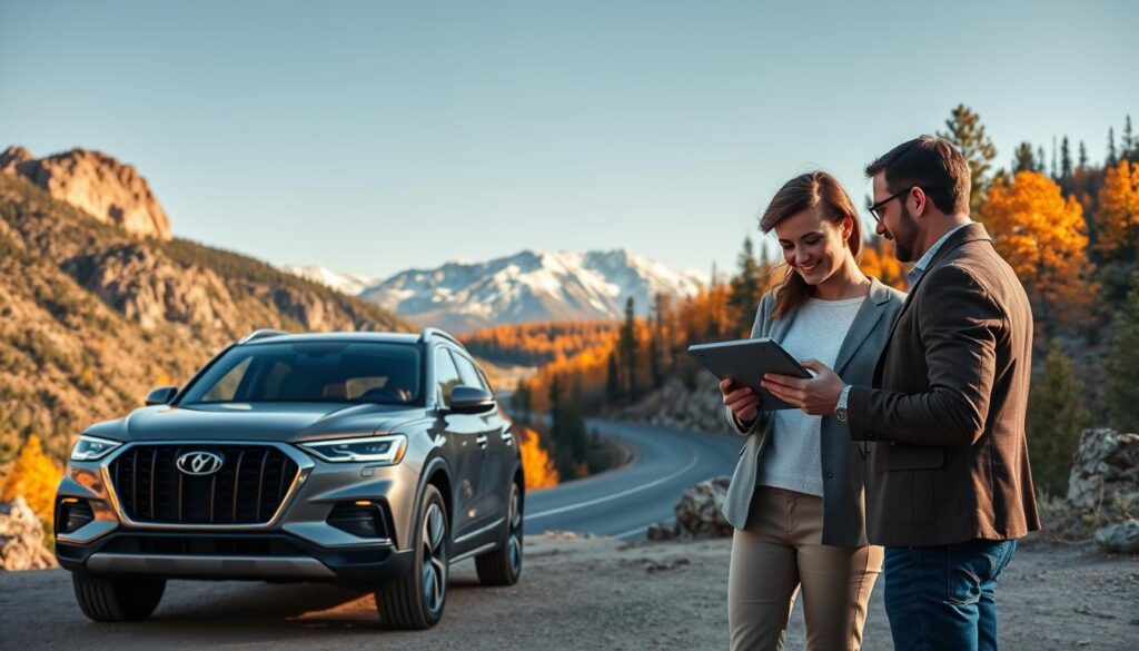 A luxury road trip scene in Colorado, featuring a sleek, modern SUV parked on a scenic overlook. In the foreground, a well-dressed couple, in professional casual attire, are mapping out their route on a digital tablet, displaying an artistic and adventurous spirit. The middle ground features a winding mountain road bordered by vibrant autumn foliage and rocky cliffs, suggesting exploration and adventure. In the background, majestic snow-capped peaks rise under a clear blue sky, creating a sense of vastness and freedom. Soft, warm sunlight filters through the trees, casting gentle shadows, adding depth and a serene atmosphere to the scene. The overall mood exudes excitement and the thrill of custom travel experiences.