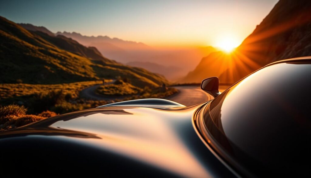 A luxury sports car parked along a scenic mountain pass during the golden hour, with the sun casting a warm, golden glow on the car's polished surface. The foreground features the sleek contours and shiny curves of the vehicle, reflecting the soft light. In the middle ground, the winding road snakes through lush green hills, leading towards the distant mountains kissed by the setting sun. The background showcases majestic peaks bathed in vibrant oranges and pinks, with a clear sky transitioning into twilight. The atmosphere is tranquil yet exhilarating, evoking the thrill of driving in a picturesque landscape. The image is captured from a low angle to emphasize the car's elegance, accentuating the dramatic lighting and the breathtaking scenery surrounding it.
