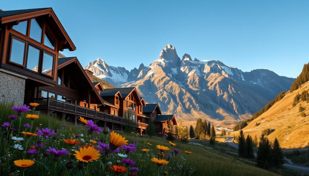 A serene view of luxurious lodges nestled near a mountain pass, showcasing elegant wooden architecture with stone accents and large windows reflecting the surrounding peaks. In the foreground, majestic wildflowers bloom, adding vibrant color to the scene. The middle ground features the lodges set against a backdrop of towering, rugged mountains under a clear blue sky, perhaps a hint of snow on their summits. Golden sunlight filters through the trees, casting soft shadows and creating a warm, inviting atmosphere. In the background, a winding mountain road can be glimpsed, indicating the scenic route. The overall mood is peaceful and luxurious, perfect for showcasing historic accommodations in a breathtaking alpine setting.