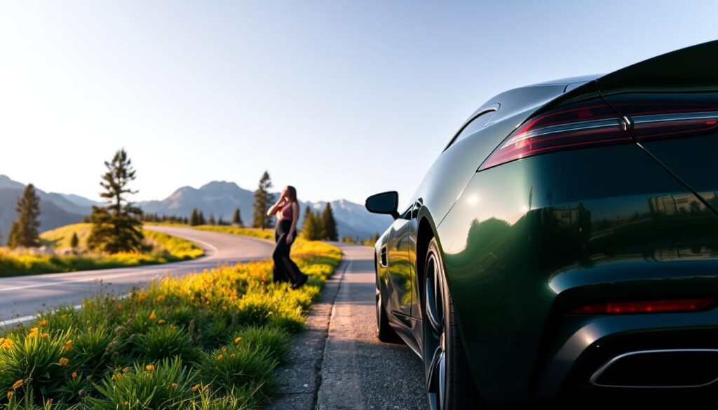 A sleek luxury car, gleaming in the sunlight, parked along the scenic Peak to Peak Highway. In the foreground, the car’s shiny exterior reflects the lush greenery surrounding it, while a couple dressed in elegant, casual attire enjoy a moment by the roadside, leaning against the car and admiring the view. In the middle ground, the winding highway stretches ahead, flanked by vibrant wildflowers and tall pine trees, leading to majestic mountain peaks in the background, basking under a clear blue sky. Soft, warm afternoon light casts gentle shadows, enhancing the serene atmosphere of a perfect road trip. The angle captures the car from a low perspective, giving it an imposing presence against the breathtaking landscape.