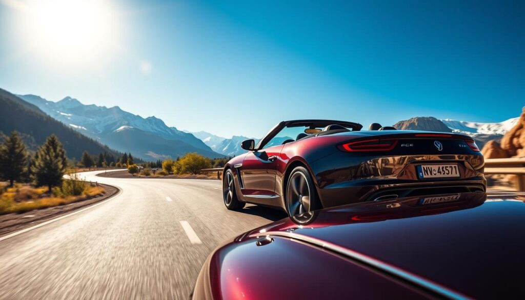 A sleek luxury convertible, gleaming under the bright Colorado sun, navigates a scenic highway surrounded by breathtaking Rocky Mountain landscapes. In the foreground, the car's polished chrome reflects the vibrant blue sky and distant snow-capped peaks, showcasing its elegant design. The middle ground features a winding road with gentle curves, inviting the viewer to join on a luxurious drive. In the background, lush green trees and rugged mountain cliffs create a stunning contrast, enhancing the vehicle's allure. Soft sunlight bathes the scene in a warm glow, casting subtle shadows and highlighting the car's sleek lines. The atmosphere exudes adventure and sophistication, perfect for showcasing the ultimate driving experience in Colorado's remarkable scenery.