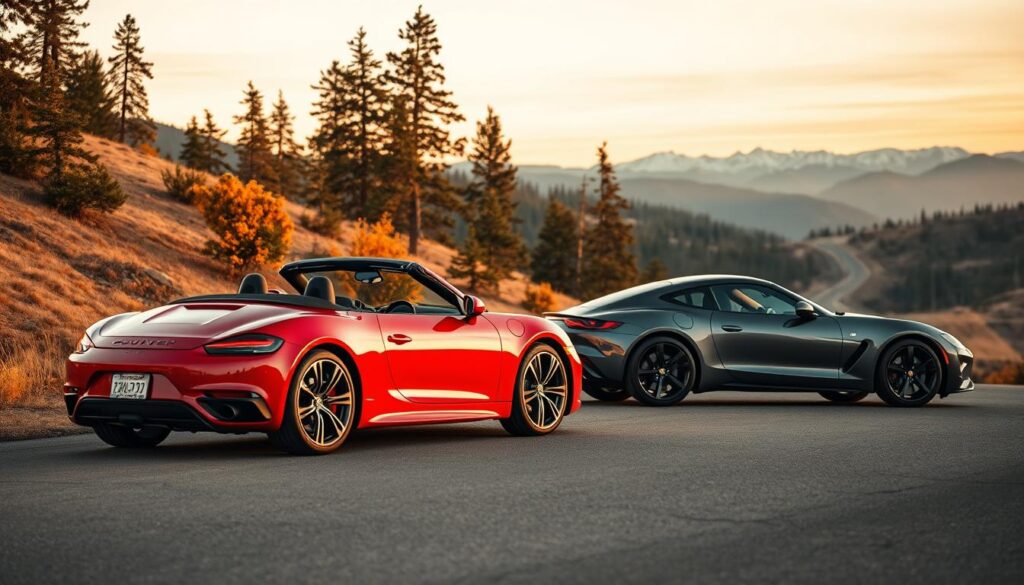 A striking image showcasing a luxurious convertible and a sleek coupe parked side by side on a scenic Colorado mountain road. In the foreground, the convertible's top is down, glistening under the golden hour sunlight, with its vibrant color reflecting the beauty of the autumn foliage. The coupe, in deep metallic tones, stands majestically beside it, emphasizing its aerodynamic lines. In the middle ground, gently rolling hills and towering pine trees provide a stunning backdrop, while a winding road leads to distant snow-capped peaks. The sky is painted in soft pastel hues, signaling the transition from day to dusk, creating an inviting and adventurous atmosphere. Capture this scene with a shallow depth of field, utilizing a warm color palette to evoke luxury and excitement in the viewer.