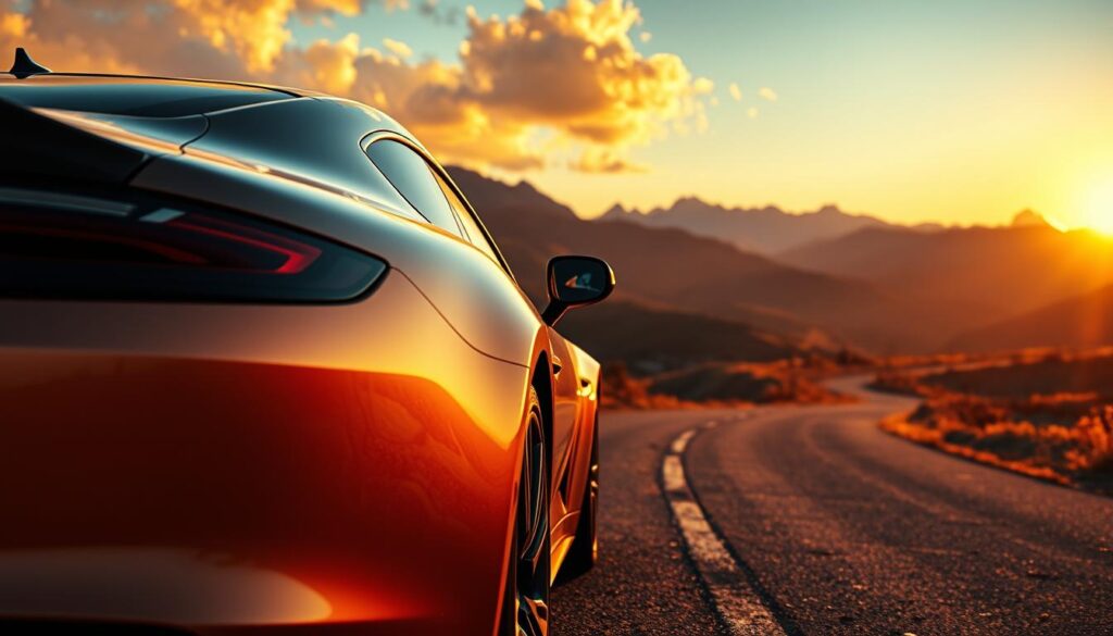 A stunning automotive photograph featuring a sleek, modern car parked on a winding road in Colorado during golden hour. The foreground showcases the car's glistening paint reflecting the warm hues of the sunset, accentuated with dramatic highlights and shadows. In the middle ground, the scenic landscape showcases the majestic Rocky Mountains bathed in soft golden light and colorful autumn foliage. The background features a vast sky transitioning from orange to deep blue, with fluffy clouds catching the sunset’s glow. The scene is captured with a wide-angle lens, emphasizing the grandeur of the surroundings while keeping the car as the focal point. The mood is serene yet exhilarating, inviting viewers to appreciate the beauty of automotive photography amidst nature's splendor.