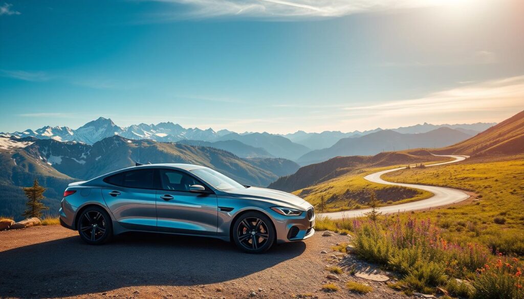 A stunning, high-resolution photograph of Colorado's Independence Pass, capturing the essence of an alpine drive. In the foreground, a sleek, modern car parked gracefully on a scenic overlook, its gleaming surface reflecting the natural landscape. In the middle ground, expansive views of rugged mountain peaks adorned with patches of snow, interspersed with vibrant greenery and wildflowers. The background features a clear blue sky with softly diffused sunlight, casting a warm glow over the scene. The angle is slightly elevated, emphasizing the winding road that snakes through the mountains, inviting viewers to imagine their journey. The atmosphere should evoke a sense of adventure and serenity, perfect for car photography enthusiasts amidst Colorado's stunning wilderness.