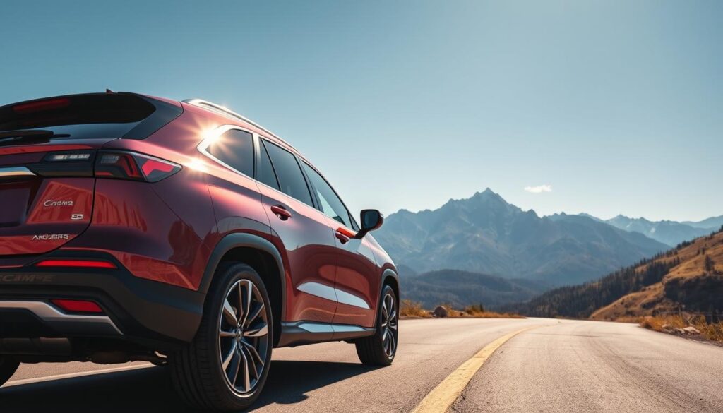 A stunning luxury SUV parked on a winding mountain road, showcasing its sleek lines and glossy finish. In the foreground, the SUV's polished exterior reflects the vibrant colors of the autumn foliage. In the middle ground, expansive views reveal a scenic landscape of towering Rocky Mountain peaks under a bright blue sky. Soft sunlight bathes the scene, creating a warm, inviting atmosphere. The angle captures the SUV from a slightly low perspective, enhancing its commanding presence. Add a sense of adventure with scattered road trip essentials like a stylish cooler and adventure gear visible from the trunk. The overall mood is one of elegance and excitement, perfect for a multi-day road trip through the stunning Colorado high country. No text or watermarks.