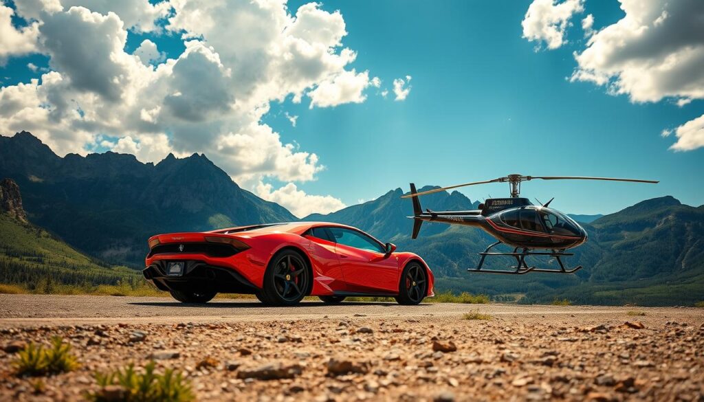 A stunning luxury car, like a sleek Lamborghini or Ferrari, parked prominently on a scenic overlook along the San Juan Skyway in Colorado. In the foreground, the vibrant colors of the car reflect the lush green landscape and rugged mountains in the background. The middle ground features an impressive private helicopter gracefully hovering nearby, hinting at adventure rides. The sky is bright blue with fluffy white clouds, illuminated by warm sunlight that casts soft shadows, creating a breathtaking ambiance. Capture the scene at a three-quarter angle to emphasize the car's curves and the dramatic, rocky terrain. The mood is exhilarating and upscale, inviting viewers to envision high-octane adventures amidst the majestic Colorado scenery.