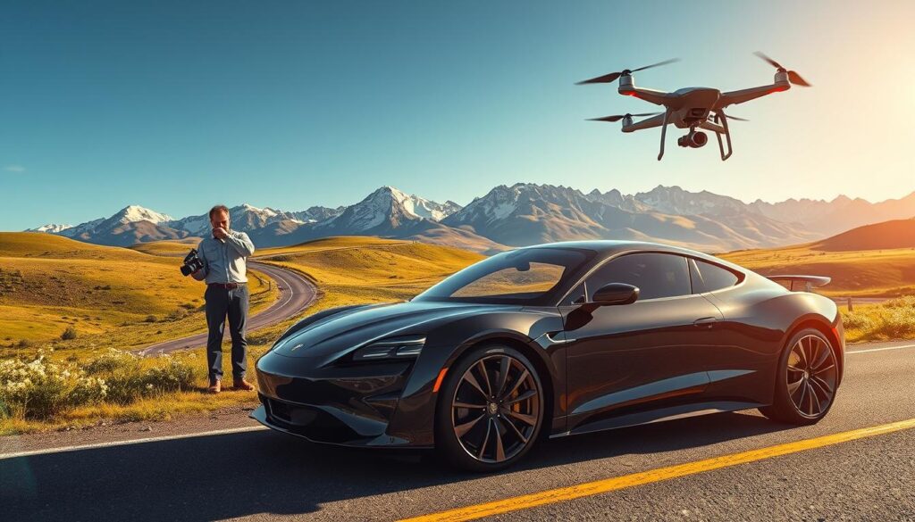 A stunning scene capturing the essence of professional car photography and drone add-ons in Colorado. In the foreground, a sleek, modern car is parked on a scenic highway, showcasing its glossy finish and aerodynamic design. A professional photographer in smart casual attire is adjusting the camera settings while a drone hovers above, capturing aerial shots of the surrounding beauty. In the middle ground, the winding road snakes through lush green hills, dotted with wildflowers, while majestic Rocky Mountains rise in the background under a clear blue sky. The sunlight bathes the scene in a warm, inviting glow, creating a vibrant and dynamic atmosphere. Use a slightly elevated angle to emphasize the car in the foreground and the stunning landscape beyond, ensuring the composition feels both professional and adventurous.
