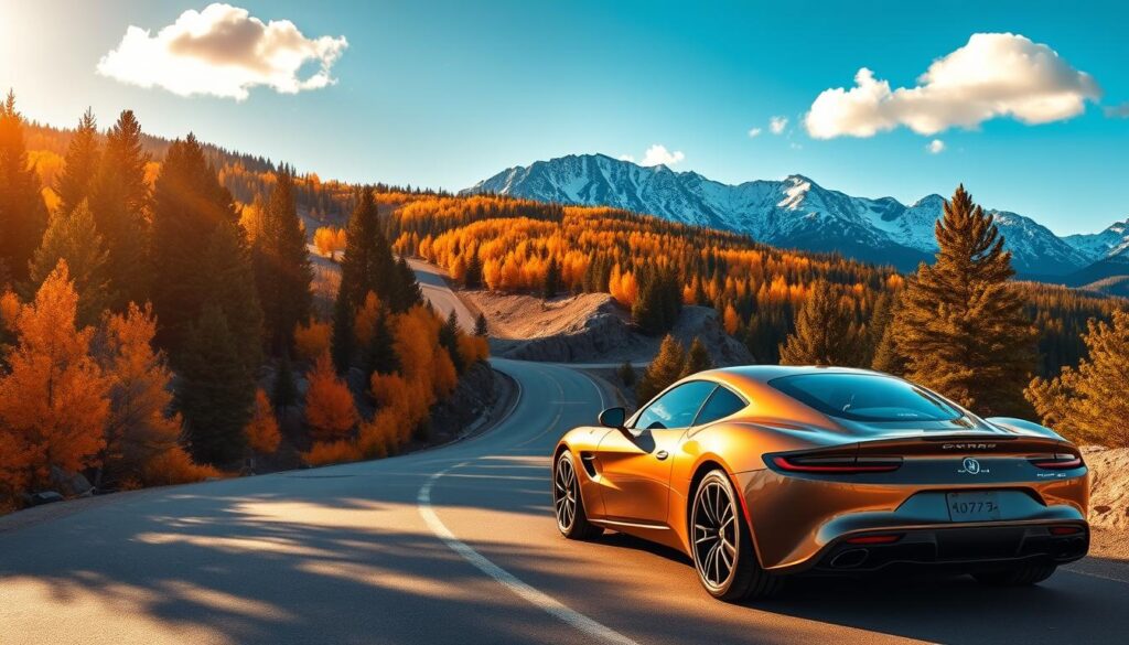 A stunning view of the Peak to Peak Scenic Highway in Colorado, showcasing a winding road draped in vibrant autumn foliage. In the foreground, a sleek, exotic car glistens in the golden sunlight, parked gracefully along the roadside. The middle ground reveals the highway snaking through dense evergreen trees and rocky outcrops, leading the eye toward the majestic Rocky Mountains in the background, their peaks dusted with snow. The sky is a brilliant blue with a few fluffy white clouds, enhancing the sense of freedom and adventure. The lighting captures the warmth of a late afternoon sun, creating captivating shadows and highlights. The atmosphere is serene yet exhilarating, embodying the luxury of an exclusive driving experience through Colorado's breathtaking landscapes.